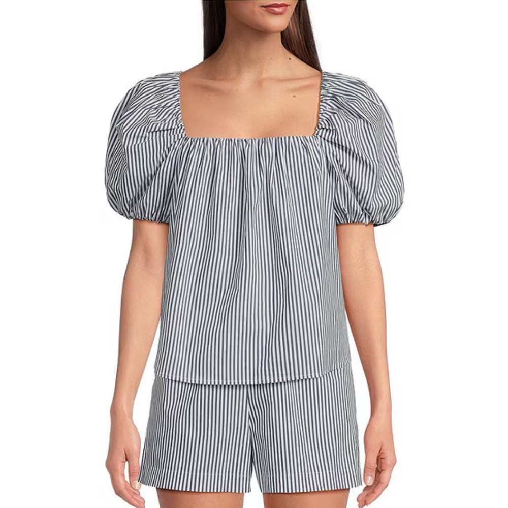 Alex Marie x Brrr° Gemma Pin Stripe Square Neck Puff Sleeve Coordinating Blouse